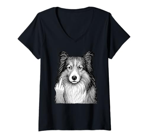 Damen Shetland Sheepdog Mittelfinger sarkastischer Hundeliebhaber T-Shirt mit V-Ausschnitt Damen Shetland Sheepdog Mittelfinger sarkastischer Hundeliebhaber T-Shirt mit V-Ausschnitt von Funny Sheltie Flipping Off Dog Designs