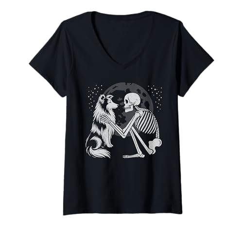 Damen Shetland Sheepdog Skelett Mond Halloween Hundeliebhaber T-Shirt mit V-Ausschnitt Damen Shetland Sheepdog Skelett Mond Halloween Hundeliebhaber T-Shirt mit V-Ausschnitt von Funny Sheltie Gothic Dog Designs