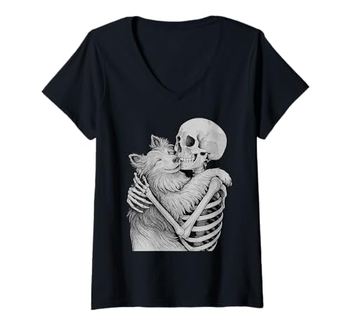 Damen Shetland Sheepdog Skelett Umarmung Halloween Hundeliebhaber T-Shirt mit V-Ausschnitt Damen Shetland Sheepdog Skelett Umarmung Halloween Hundeliebhaber T-Shirt mit V-Ausschnitt von Funny Sheltie Gothic Dog Designs