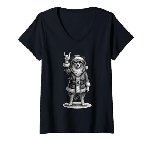Damen Shetland Sheepdog Rockmusik Weihnachts-Hundeliebhaber T-Shirt mit V-Ausschnitt Damen Shetland Sheepdog Rockmusik Weihnachts-Hundeliebhaber T-Shirt mit V-Ausschnitt von Funny Sheltie Rock And Roll Dog Designs