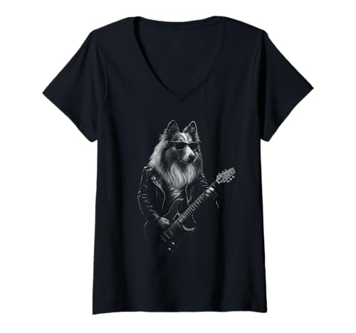 Damen Shetland Sheepdog spielt Gitarre Rock Musik Hundeliebhaber T-Shirt mit V-Ausschnitt Damen Shetland Sheepdog spielt Gitarre Rock Musik Hundeliebhaber T-Shirt mit V-Ausschnitt von Funny Sheltie Rock And Roll Dog Designs