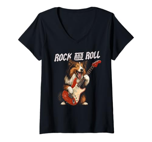 Damen Shetland Sheepdog spielt Gitarre Rock and Roll Hundeliebhaber T-Shirt mit V-Ausschnitt von Funny Sheltie Rock Music Dog Designs