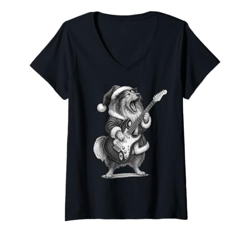 Damen Shetland Sheepdog spielt Gitarre Weihnachten Hundeliebhaber T-Shirt mit V-Ausschnitt von Funny Sheltie Rock Music Dog Designs
