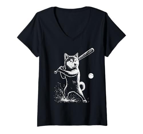 Damen Shiba Inu Baseball Sports Hundeliebhaber T-Shirt mit V-Ausschnitt Damen Shiba Inu Baseball Sports Hundeliebhaber T-Shirt mit V-Ausschnitt von Funny Shiba Baseball Player Dog Designs