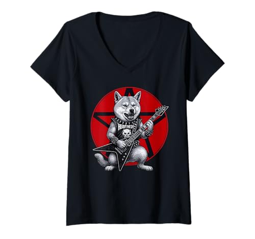 Damen Shiba Inu Heavy Metal-Gitarre Rock Hundeliebhaber T-Shirt mit V-Ausschnitt Damen Shiba Inu Heavy Metal-Gitarre Rock Hundeliebhaber T-Shirt mit V-Ausschnitt von Funny Shiba Death Metal Music Dog Designs