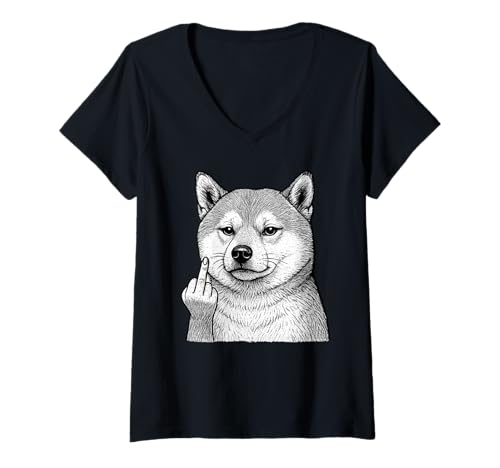Damen Shiba Inu Mittelfinger sarkastischer Hundeliebhaber T-Shirt mit V-Ausschnitt von Funny Shiba Flipping Off Dog Designs