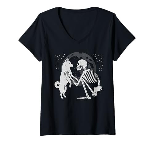 Damen Shiba Inu Skelett Mond Halloween Hundeliebhaber T-Shirt mit V-Ausschnitt Damen Shiba Inu Skelett Mond Halloween Hundeliebhaber T-Shirt mit V-Ausschnitt von Funny Shiba Gothic Dog Designs