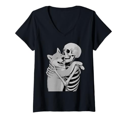 Damen Shiba Inu Skelett Umarmung Halloween Hundeliebhaber T-Shirt mit V-Ausschnitt Damen Shiba Inu Skelett Umarmung Halloween Hundeliebhaber T-Shirt mit V-Ausschnitt von Funny Shiba Gothic Dog Designs
