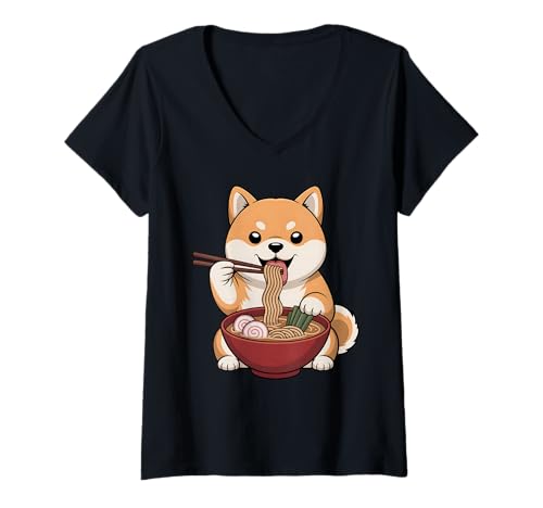 Damen Süße Shiba Inu Essen Ramen Japanische Kawaii Hund Nudeln T-Shirt mit V-Ausschnitt von Funny Shiba Inu Ramen Lover Apparel