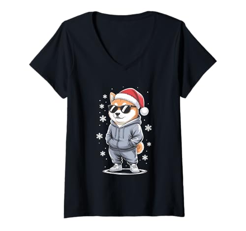 Damen Shiba Inu in Sonnenbrille Hund Weihnachten T-Shirt mit V-Ausschnitt von Funny Shiba Inu Santa Hat Clo