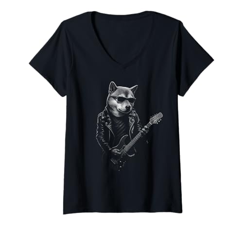 Damen Shiba Inu spielt Gitarre Rockmusik Hundeliebhaber T-Shirt mit V-Ausschnitt von Funny Shiba Rock And Roll Dog Designs