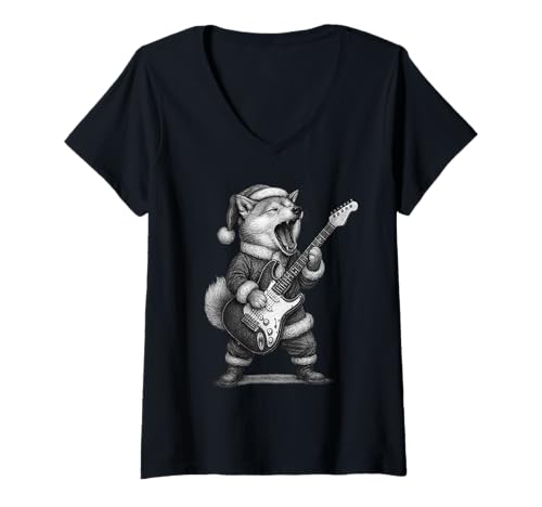 Damen Shiba Inu Hundespielzeug mit Gitarre T-Shirt mit V-Ausschnitt von Funny Shiba Rock Music Dog Designs