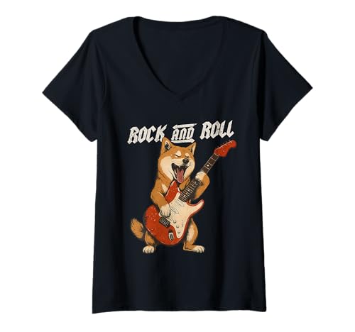 Damen Shiba Inu Rock-and-Roll-Hundeliebhaber mit Gitarre T-Shirt mit V-Ausschnitt von Funny Shiba Rock Music Dog Designs