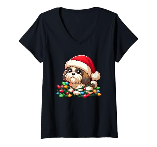 Damen Shih Tzu Weihnachtsbeleuchtung Hund Funny Xmas T-Shirt mit V-Ausschnitt Damen Shih Tzu Weihnachtsbeleuchtung Hund Funny Xmas T-Shirt mit V-Ausschnitt von Funny Shih Tzu Gifts