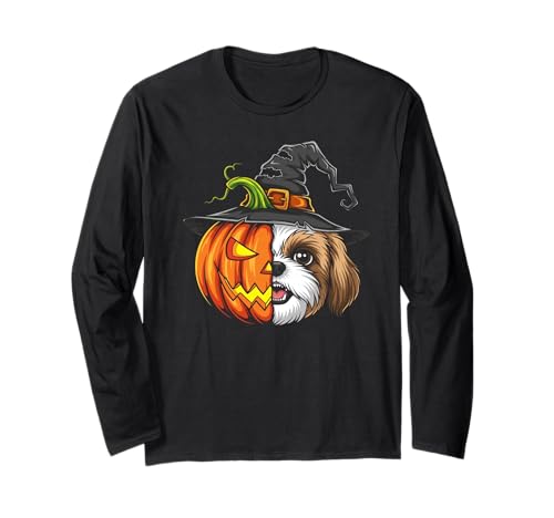 Shih Tzu Kürbis Jack O Laterne Halloween Kinder Herren Damen Langarmshirt von Funny Shih Tzu Lovers Halloween Pumpkin Outfits