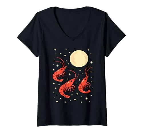 Damen Funny Prawn Howling at The Moon Shrimp Lovers T-Shirt mit V-Ausschnitt von Funny Shrimp Gift for Seafood Lovers