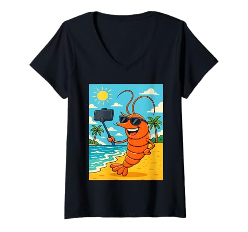 Damen Funny Shrimp Beach Selfie – Summer Shrimp Lover Gift T-Shirt mit V-Ausschnitt von Funny Shrimp Gift for Seafood Lovers