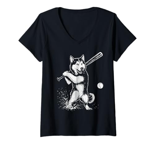 Damen Husky Baseball Sport Hundeliebhaber T-Shirt mit V-Ausschnitt Damen Husky Baseball Sport Hundeliebhaber T-Shirt mit V-Ausschnitt von Funny Siberian Husky Baseball Player Dog Designs