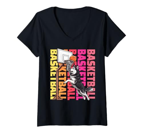 Damen Husky Basketball Sport Hundeliebhaber T-Shirt mit V-Ausschnitt Damen Husky Basketball Sport Hundeliebhaber T-Shirt mit V-Ausschnitt von Funny Siberian Husky Basketball Player Dog Designs