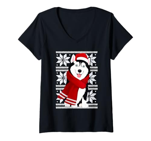 Damen Husky Ugly Hundeliebhaber zu Weihnachten T-Shirt mit V-Ausschnitt Damen Husky Ugly Hundeliebhaber zu Weihnachten T-Shirt mit V-Ausschnitt von Funny Siberian Husky Festive Dog Designs