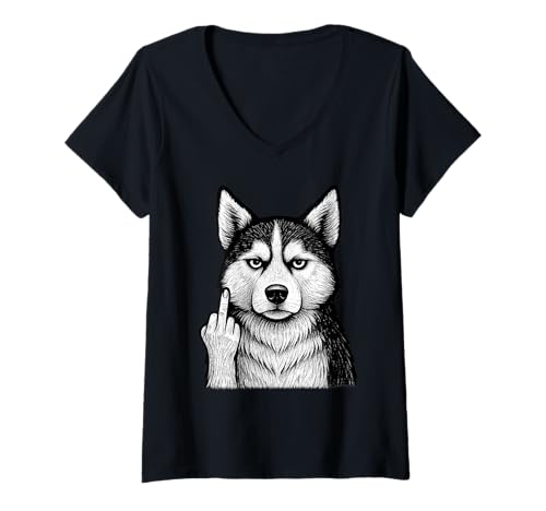 Damen Husky Mittelfinger sarkastischer Hundeliebhaber T-Shirt mit V-Ausschnitt Damen Husky Mittelfinger sarkastischer Hundeliebhaber T-Shirt mit V-Ausschnitt von Funny Siberian Husky Flipping Off Dog Designs