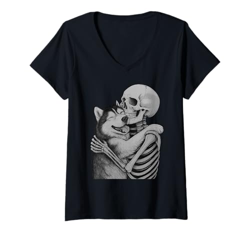 Damen Husky Skelett Umarmung Halloween Hundeliebhaber T-Shirt mit V-Ausschnitt Damen Husky Skelett Umarmung Halloween Hundeliebhaber T-Shirt mit V-Ausschnitt von Funny Siberian Husky Gothic Dog Designs
