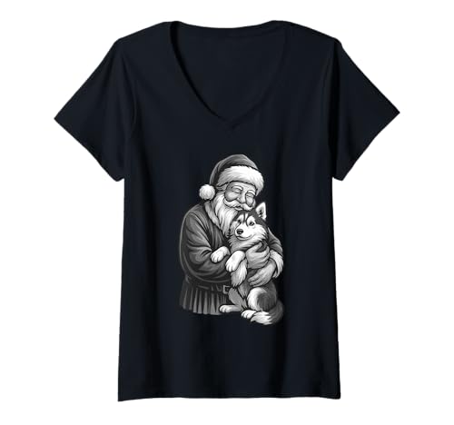 Damen Husky Weihnachtsmann Weihnachten Hundeliebhaber T-Shirt mit V-Ausschnitt Damen Husky Weihnachtsmann Weihnachten Hundeliebhaber T-Shirt mit V-Ausschnitt von Funny Siberian Husky Holiday Dog Designs
