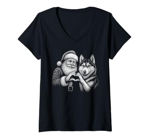 Damen Husky Weihnachtsmann in Herzform für Hundeliebhaber T-Shirt mit V-Ausschnitt Damen Husky Weihnachtsmann in Herzform für Hundeliebhaber T-Shirt mit V-Ausschnitt von Funny Siberian Husky Holiday Dog Designs