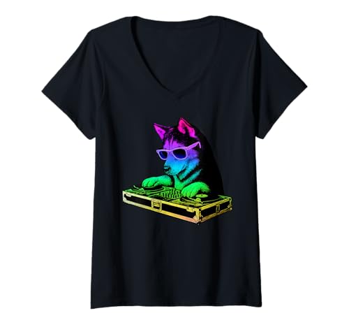 Damen Husky DJ Musik Party Hundeliebhaber T-Shirt mit V-Ausschnitt Damen Husky DJ Musik Party Hundeliebhaber T-Shirt mit V-Ausschnitt von Funny Siberian Husky House Music Dog Designs