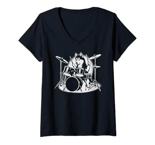 Damen Husky Schlagzeug Schlagzeuger Hundeliebhaber T-Shirt mit V-Ausschnitt Damen Husky Schlagzeug Schlagzeuger Hundeliebhaber T-Shirt mit V-Ausschnitt von Funny Siberian Husky Rock And Roll Dog Designs