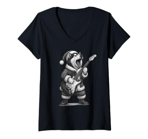 Damen Husky Spielende Gitarre Weihnachten Hundeliebhaber T-Shirt mit V-Ausschnitt Damen Husky Spielende Gitarre Weihnachten Hundeliebhaber T-Shirt mit V-Ausschnitt von Funny Siberian Husky Rock Music Dog Designs