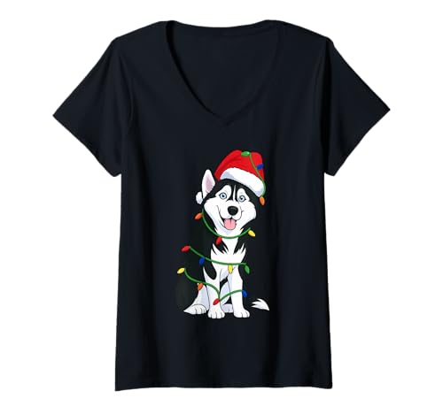 Damen Husky Weihnachtsbaumbeleuchtung Urlaub Hundeliebhaber T-Shirt mit V-Ausschnitt Damen Husky Weihnachtsbaumbeleuchtung Urlaub Hundeliebhaber T-Shirt mit V-Ausschnitt von Funny Siberian Husky Xmas Tree Dog Designs
