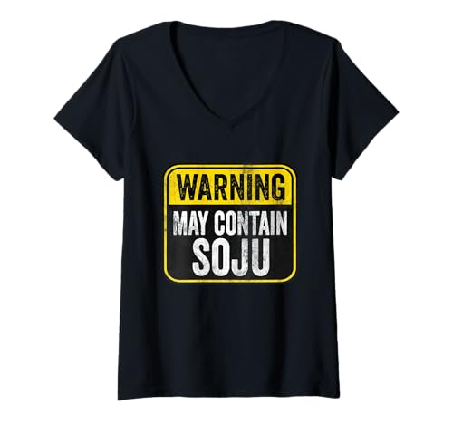 Damen Warnschild May Contain Soju Funny Birthday Caution T-Shirt mit V-Ausschnitt Damen Warnschild May Contain Soju Funny Birthday Caution T-Shirt mit V-Ausschnitt von Funny Sign May Contain Soju Warning Label