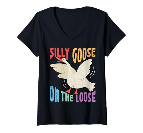 Damen Dumme Gans ist auf freiem Fuß T-Shirt mit V-Ausschnitt Damen Dumme Gans ist auf freiem Fuß T-Shirt mit V-Ausschnitt von Funny Silly Goose On The Loose Merch
