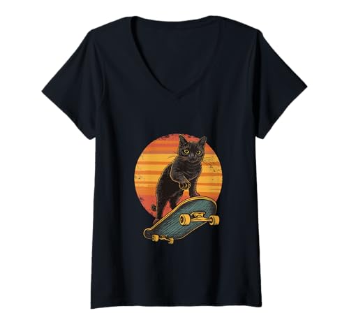 Damen Skateboarding Katze Retro Sonnenuntergang Design - Lustig Cool Vintage T-Shirt mit V-Ausschnitt von Funny Skateboard Funny Cat Funny Animal designs