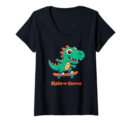 Damen Skate-o-Saurus Dinosaurier auf Skateboard T-Shirt mit V-Ausschnitt Damen Skate-o-Saurus Dinosaurier auf Skateboard T-Shirt mit V-Ausschnitt von Funny Skateboarding Gifts