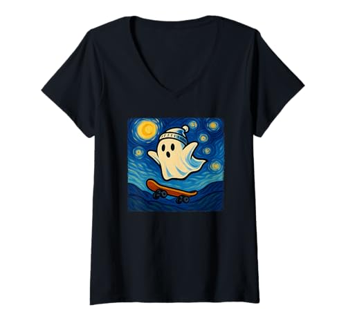 Damen Boo Halloween Ghost Riding Skateboard Van Gogh Sternennacht T-Shirt mit V-Ausschnitt Damen Boo Halloween Ghost Riding Skateboard Van Gogh Sternennacht T-Shirt mit V-Ausschnitt von Funny Skateboarding Spooky Season Costume Kids