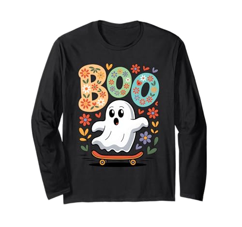 Boo Netter Ghost Riding Skateboard Halloween-Skateboard für Kinder Langarmshirt von Funny Skater Halloween Spooky Season Costume Kids