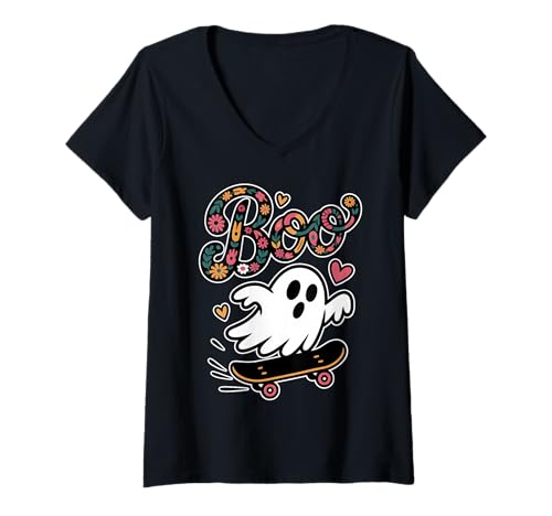 Damen Boo Cute Ghost Riding Skateboard Halloween-Skateboarden T-Shirt mit V-Ausschnitt von Funny Skater Halloween Spooky Season Costume Kids
