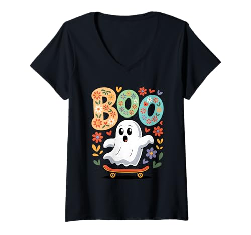 Damen Boo Netter Ghost Riding Skateboard Halloween-Skateboard für Kinder T-Shirt mit V-Ausschnitt von Funny Skater Halloween Spooky Season Costume Kids