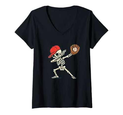 Damen Dabbing Skeleton Baseball Player Halloween Men Women Kids T-Shirt mit V-Ausschnitt Damen Dabbing Skeleton Baseball Player Halloween Men Women Kids T-Shirt mit V-Ausschnitt von Funny Skeleton Baseball Costume Tees