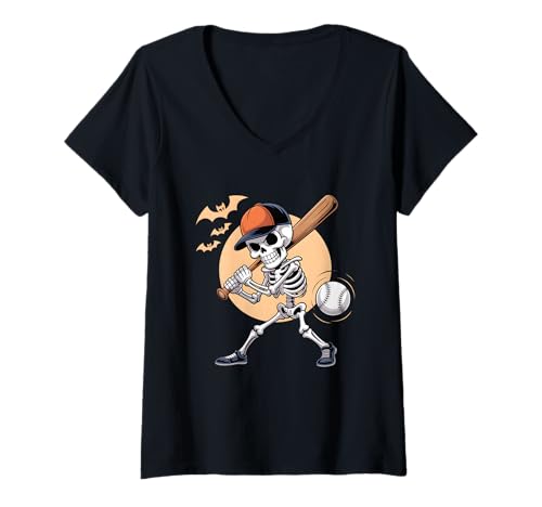 Damen Cooles Skelett spielt Baseball Gruselig Halloween Herren Jungen T-Shirt mit V-Ausschnitt Damen Cooles Skelett spielt Baseball Gruselig Halloween Herren Jungen T-Shirt mit V-Ausschnitt von Funny Skeleton Baseball for Halloween