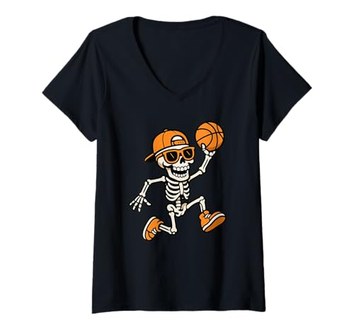 Damen Skeleton Basketball Funny Halloween Costume Men Women Boys T-Shirt mit V-Ausschnitt Damen Skeleton Basketball Funny Halloween Costume Men Women Boys T-Shirt mit V-Ausschnitt von Funny Skeleton Basketball Halloween Tees