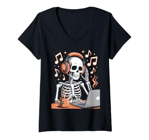 Damen Halloween Skelett Chilling Musik Kostüm T-Shirt mit V-Ausschnitt von Funny Skeleton Chilling Halloween Costume Tees