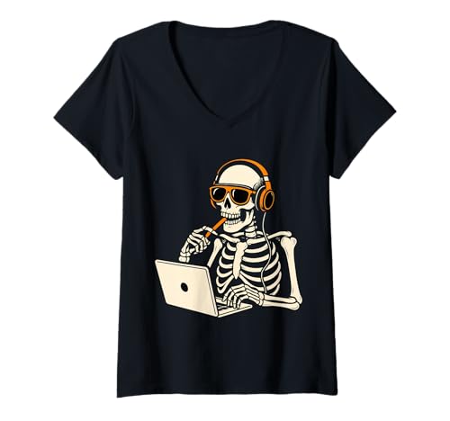 Damen Halloween Musik Skelett Chilling Kostüm T-Shirt mit V-Ausschnitt von Funny Skeleton Chilling Halloween Costumes Tees
