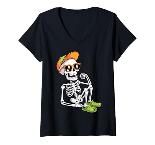 Damen Halloween Skelett Chilling Kostüm T-Shirt mit V-Ausschnitt Damen Halloween Skelett Chilling Kostüm T-Shirt mit V-Ausschnitt von Funny Skeleton Chilling Halloween Costumes