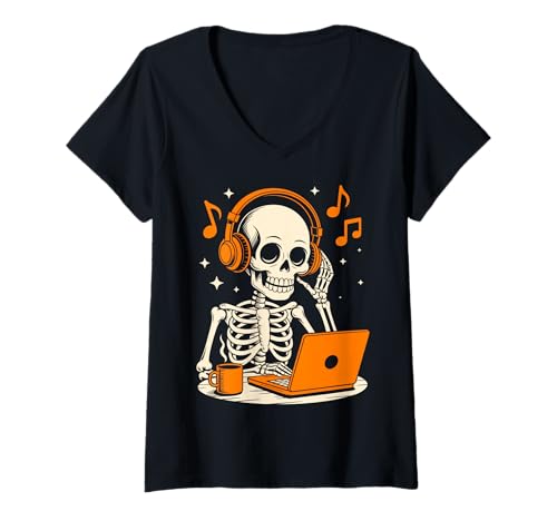 Damen Halloween Skelett Chilling Musik Kostüm T-Shirt mit V-Ausschnitt Damen Halloween Skelett Chilling Musik Kostüm T-Shirt mit V-Ausschnitt von Funny Skeleton Chilling Halloween Costumes