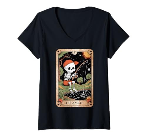 Damen The Angler Skeleton Tarot Card Vintage Funny Fishing Gifts T-Shirt mit V-Ausschnitt Damen The Angler Skeleton Tarot Card Vintage Funny Fishing Gifts T-Shirt mit V-Ausschnitt von Funny Skeleton Fishing Halloween Men Tees
