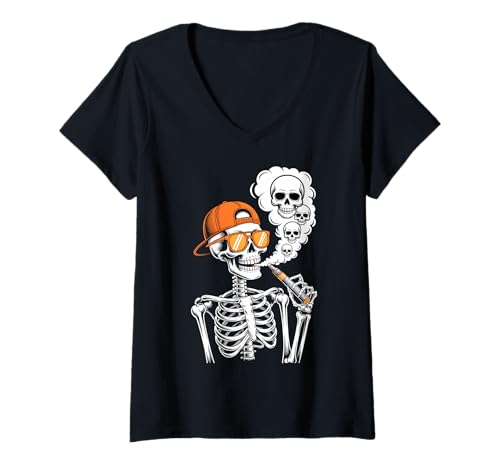 Damen Halloween Skelett Vaping Kostüm T-Shirt mit V-Ausschnitt von Funny Skeleton Halloween Costumes Apparel