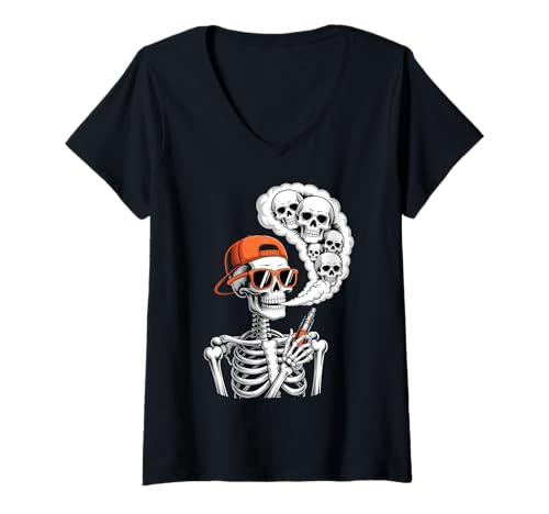 Damen Halloween Skelett Vaping Kostüm T-Shirt mit V-Ausschnitt von Funny Skeleton Halloween Costumes Tee